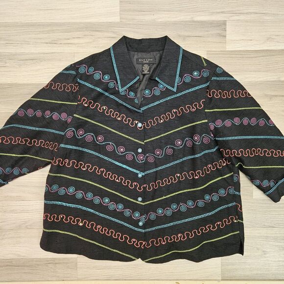 Silk Land Womens Black 100% Silk Colorful Artsy Blazer Jacket 20W - Picture 1 of 10